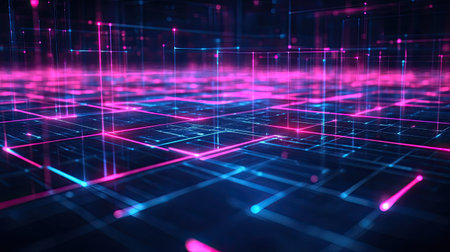 A futuristic digital grid pattern with glowing neon lines on a dark background, ideal for tech themesの素材