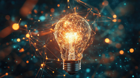 A glowing light bulb surrounded by a network of interconnected lines, symbolizing a new idea emerging from collaborationの素材