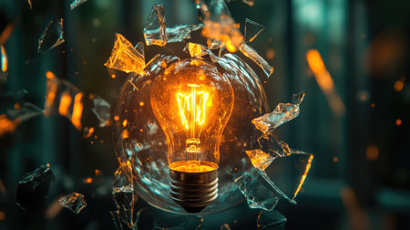 A glowing light bulb in the center of a shattered glass sphere, representing breaking through old ideas with innovationの素材