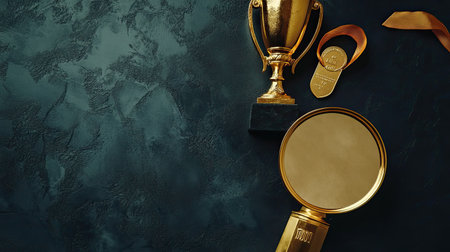 A golden trophy and medal arranged in a minimalist design, captured from above, perfect for emphasizing success with copy areaの素材
