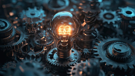 A light bulb surrounded by gears and cogs, illustrating the birth of a new innovative idea in a conceptual designの素材