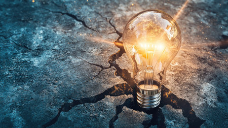 A light bulb breaking through a cracked surface, with light beams spreading outward, representing disruptive innovationの素材