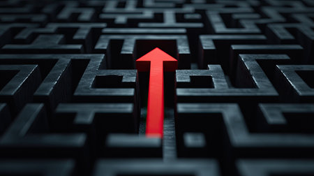A red arrow navigating through a labyrinthine black maze, symbolizing finding a solution in a complex challengeの素材