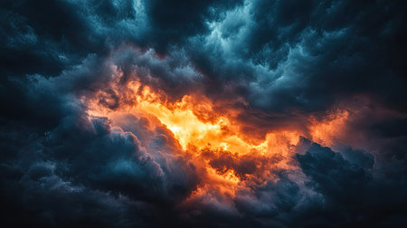 A dark, stormy sky with patches of clouds bathed in warm light, illustrating contrast between turmoil and clarityの素材