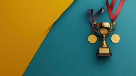 A golden trophy and medal arranged in a minimalist design, captured from above, perfect for emphasizing success with copy areaの素材