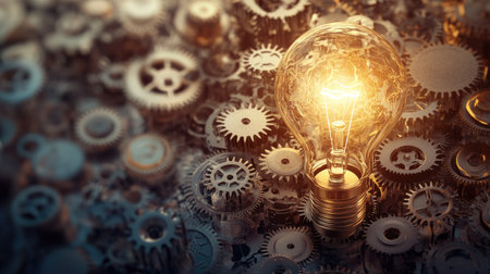 A light bulb surrounded by gears and cogs, illustrating the birth of a new innovative idea in a conceptual designの素材