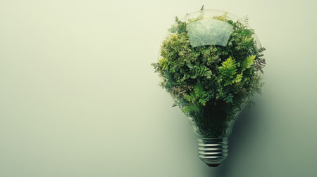 A light bulb filled with greenery and trees, captured from above, representing eco-friendly solutions, with ample copy spaceの素材
