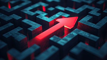 A red arrow pushing through a dense, dark maze, signifying determination and the path to successの素材