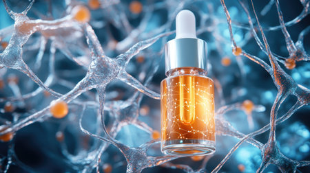 A top view of a serum bottle encircled by abstract neuron patterns, highlighting the concept of advanced beauty technologyの素材