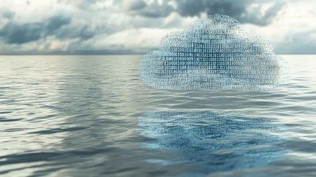 A stylized cloud made of binary code floating above rippling water, symbolizing data storage and cloud technologyの素材