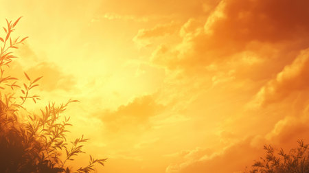 A warm, golden sunset sky background, providing a serene and beautiful backdrop for nature-themed designsの素材