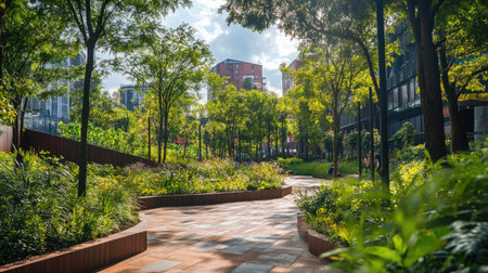 A vibrant green space in an urban setting, with trees and plants creating a peaceful oasis amidst a bustling cityの素材