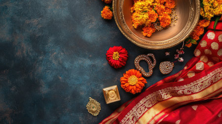 Top view of a beautifully arranged saree border with jewelry, flowers, and a small gift box, with space for wedding-themed textの素材