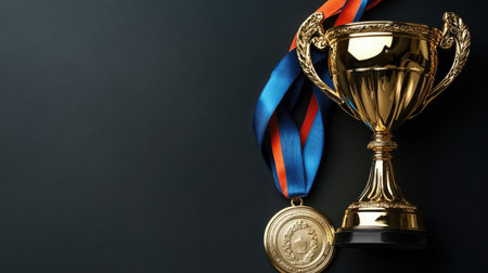 A top view of a shiny gold trophy alongside a medal, representing victory and excellence, with clear space for textの素材