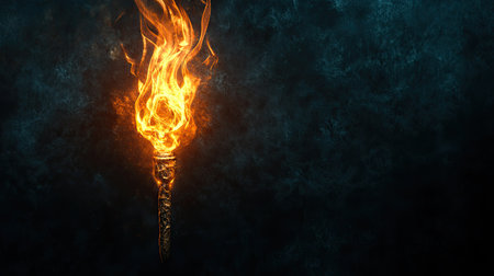 A stylized fire symbol resembling a torch, viewed from above, on a dark background with ample copy spaceの素材