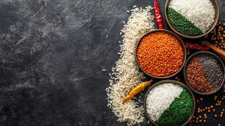 Top view of a tricolor arrangement with rice grains, pulses, and spices on a dark surface, symbolizing Indian unity with space for textの素材