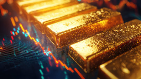 Gold bars on a chart with rising and falling stock prices, providing a striking contrast with space for textの素材
