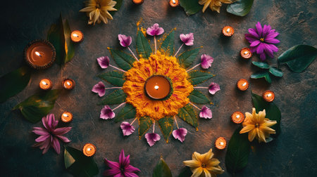 Top view of a rangoli design made with colored powders and flowers, surrounded by diyas, with copy space for Diwali-themed designsの素材