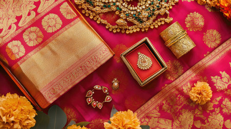 Top view of a beautifully arranged saree border with jewelry, flowers, and a small gift box, with space for wedding-themed textの素材