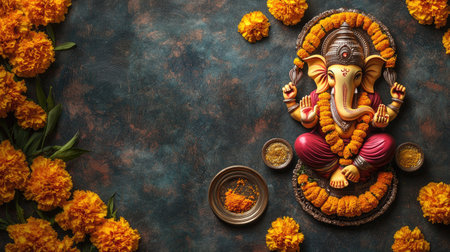 Top view of a colorful Ganesha idol surrounded by marigold flowers and aarti thali, with ample space for textの素材