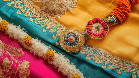 Top view of a decorated Rakhi placed on a colorful fabric with sweets and rice grains, leaving room for Raksha Bandhan messagesの素材