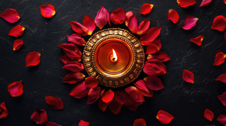 Top view of a traditional brass diya surrounded by flower petals on a dark background, leaving room for festive greetingsの素材