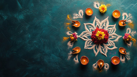 Top view of a rangoli design made with colored powders and flowers, surrounded by diyas, with copy space for Diwali-themed designsの素材