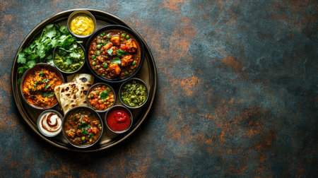 Top view of a thali (traditional Indian plate) filled with various dishes, set against a rustic background with space for textの素材