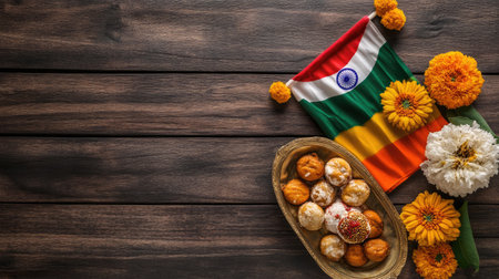 Top view of an Indian Independence Day setup with a tricolor flag, flowers, and sweets on a wooden background with copy spaceの素材