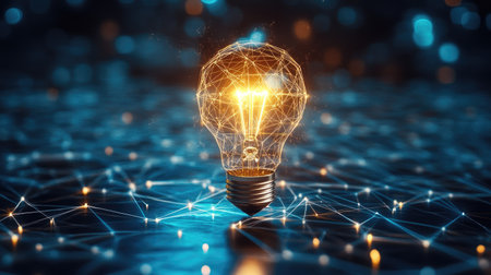 A glowing light bulb surrounded by a network of interconnected lines, symbolizing a new idea emerging from collaborationの素材
