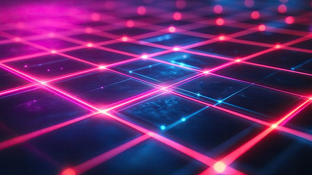 A futuristic digital grid pattern with glowing neon lines on a dark background, ideal for tech themesの素材