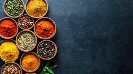 Top view of an array of Indian spices in small bowls arranged in a circular pattern, with space for culinary or cultural textの素材