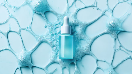 A serum bottle placed in the center of abstract, neuron-like structures, representing cutting-edge skincare, top viewの素材