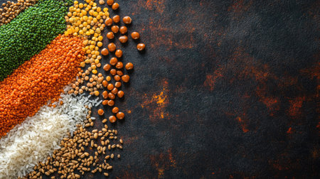 Top view of a tricolor arrangement with rice grains, pulses, and spices on a dark surface, symbolizing Indian unity with space for textの素材