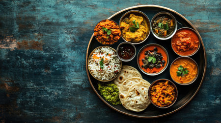 Top view of an Indian thali with a variety of traditional dishes, arranged neatly with space for culinary-themed messagesの素材