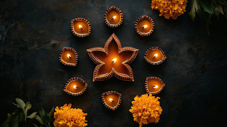 Top view of diyas arranged in a star shape on a dark background with marigold flowers, leaving space for Diwali messagesの素材