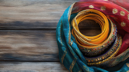 Top view of festive Indian bangles and a dupatta laid out on a rustic background, with space for cultural or wedding-related textの素材