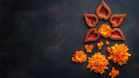 Top view of diyas arranged in a star shape on a dark background with marigold flowers, leaving space for Diwali messagesの素材