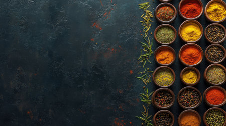 Top view of Indian spices arranged in small bowls, forming a colorful pattern on a dark background, with space for culinary or festive textの素材