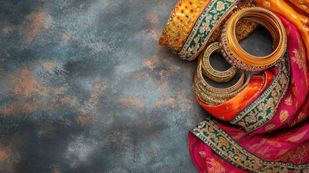Top view of festive Indian bangles and a dupatta laid out on a rustic background, with space for cultural or wedding-related textの素材