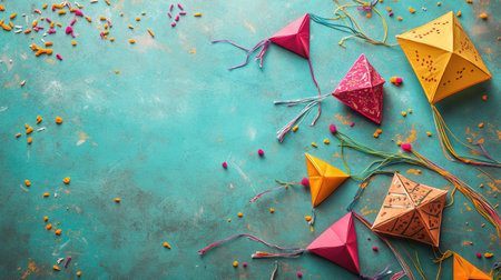 Top view of colorful kites and strings arranged on a flat surface, representing the festival of Makar Sankranti, with space for textの素材