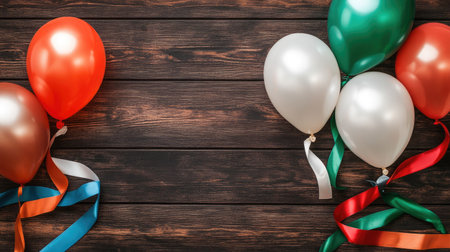Top view of tricolor balloons and ribbons laid out on a wooden background, symbolizing Indian national pride with space for textの素材