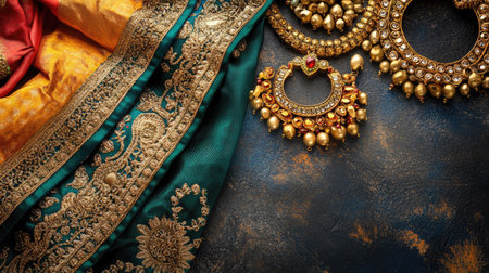 Top view of traditional Indian jewelry and a saree border laid out with rich colors and textures, with ample space for festive copyの素材