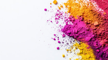 Top view of vibrant Holi powders spread across a white background with space for text, symbolizing the colorful festival of Holiの素材