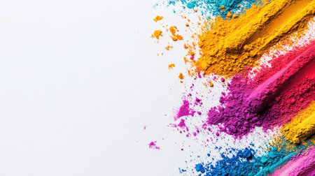 Top view of vibrant Holi powders spread across a white background with space for text, symbolizing the colorful festival of Holiの素材