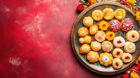 Top view of Indian sweets like jalebis and barfis arranged on a plate, with a festive background and copy space for messagesの素材