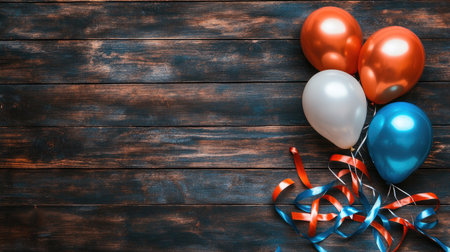Top view of tricolor balloons and ribbons laid out on a wooden background, symbolizing Indian national pride with space for textの素材