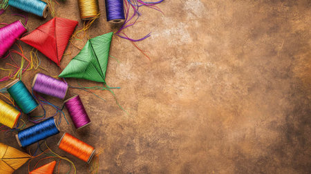 Top view of kites and colorful spools of thread arranged on a textured surface, representing Makar Sankranti with space for textの素材