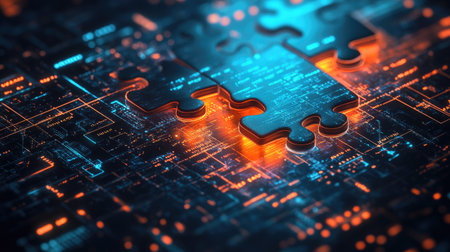 Two puzzle pieces coming together on a digital background, symbolizing seamless API integration and connectivityの素材