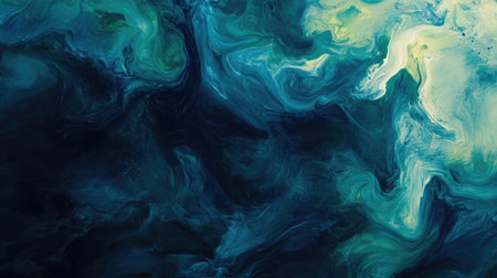 Flowing fluid art with deep blues and greens and a large space for copyの素材
